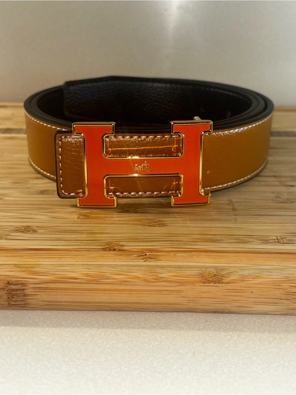 Men’s Tan Leather Belt with Orange 'H' Buckle